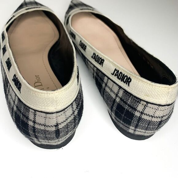 Dior J'Adior Tartan Print Wool Pointed Flats Logo Ribbon Trim EU 39 US 9 Black - Picture 11 of 11